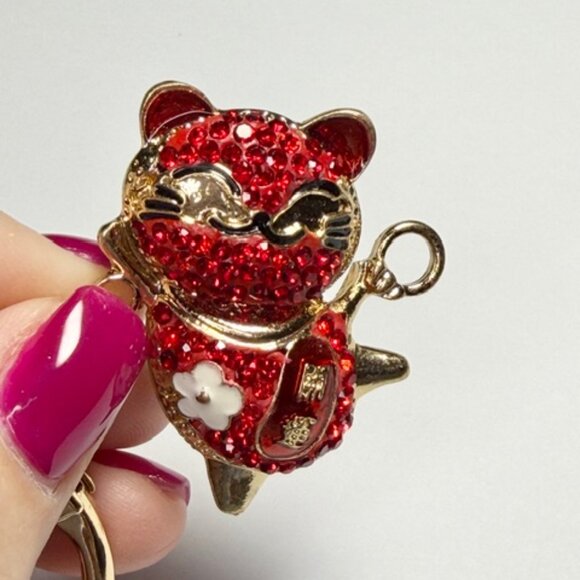 Branded Goods & Supplies Red Rhinestone Maneki Neko Lucky Cat Keychain Y2K Bling - Picture 2 of 6